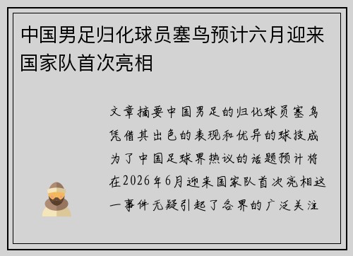 中国男足归化球员塞鸟预计六月迎来国家队首次亮相