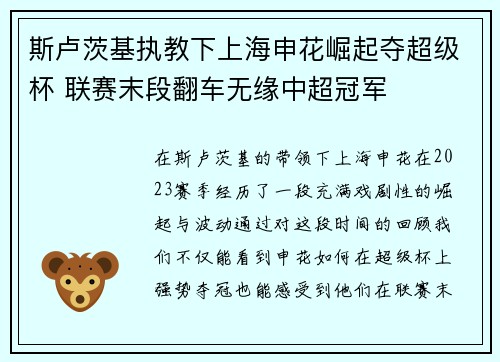 斯卢茨基执教下上海申花崛起夺超级杯 联赛末段翻车无缘中超冠军